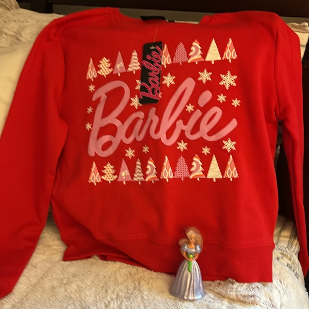 NWT beautiful festive red Barbie sweatshirt & vintage collectible mini doll! - Picture 1 of 14
